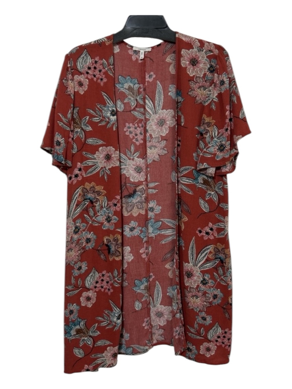 Maurices Rust Red Floral Rayon Flutter Sleeve Kimono Cardigan M Boho Festival